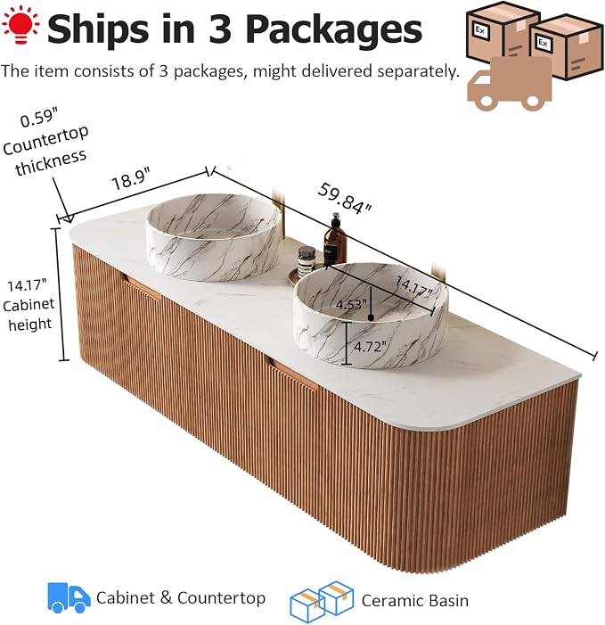 60 inch Bathroom Vanity with Double Sink, Floating Bathroom Vanities with Stone - Image 2