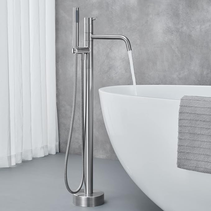 Freestanding Bathtub Faucet Floor Mount Tub Filler Brushed Nickel Brass Single - Image 3