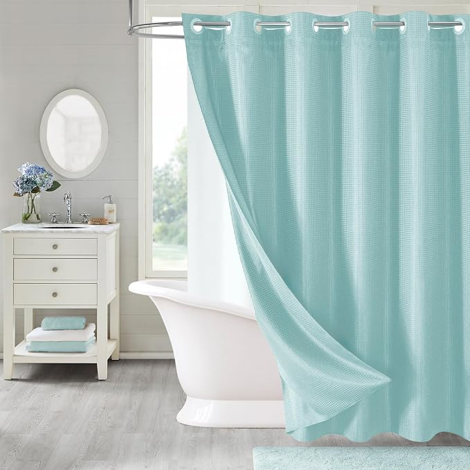 MitoVilla No Hooks Needed Turquoise Extra Long Shower Curtain Liner Set by MitoVilla
