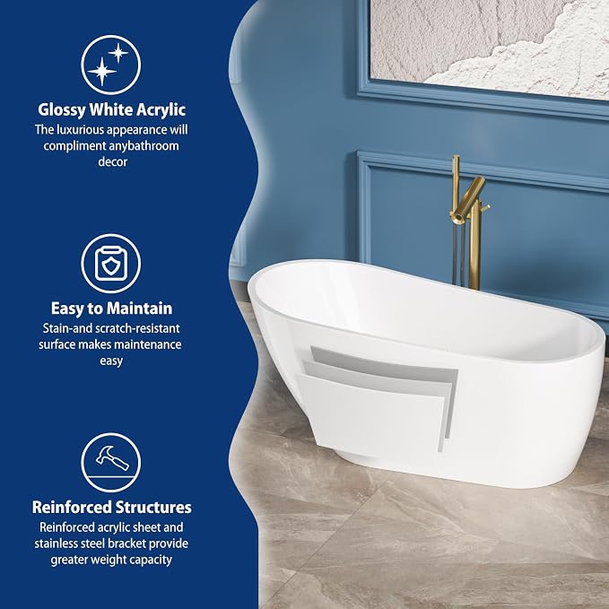 Sarlai 59 Inch Acrylic Freestanding Soaking Bathtub Contemporary Soaking White - Image 4
