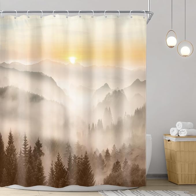 Riyidecor Misty Mountain Shower Curtain 60Wx72H Inch Brown Sunrise Nature - Image 2