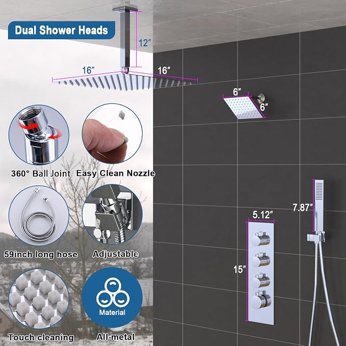Enga Thermostatic Dual Shower Head System, Can All Run Together & Volume - Image 9