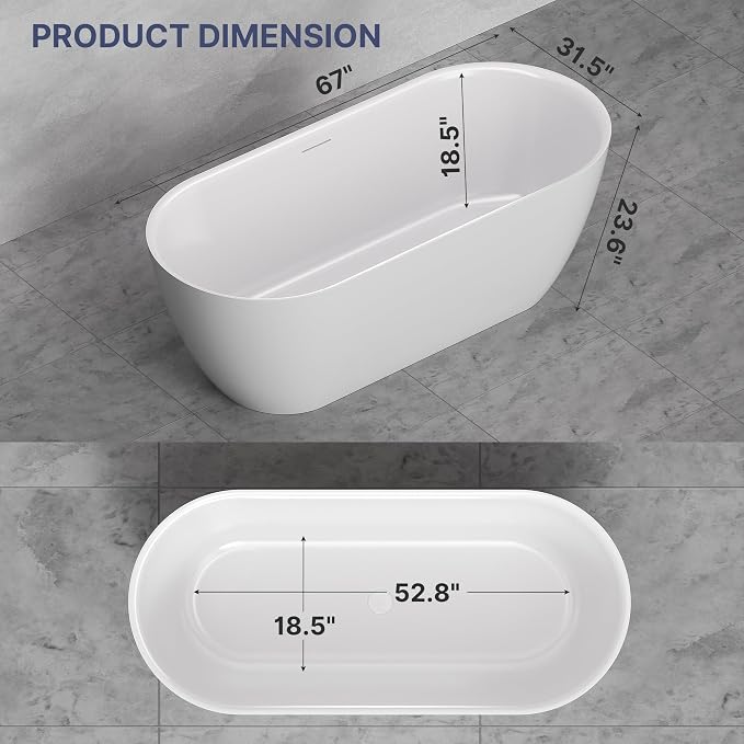 67" Acrylic Freestanding Soaking Bathtub, Modern Oval Acrylic Bath Tub - Image 5
