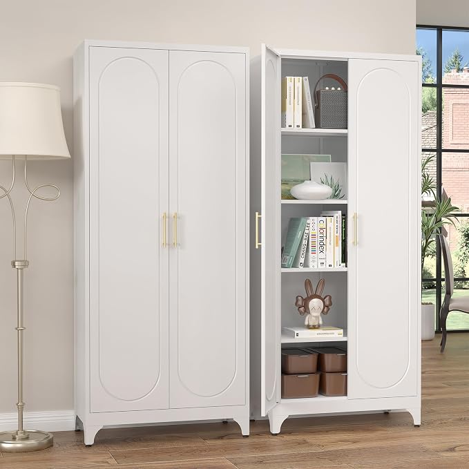 Kitchen Pantry Cabinet, 75 Inch White Metal Storage Cabinet - Image 7
