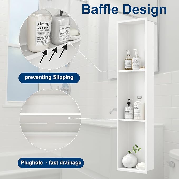 Neodrain 8X36 Inch White Three Layers Stainless Steel Shower Niche, NO Tile - Image 4