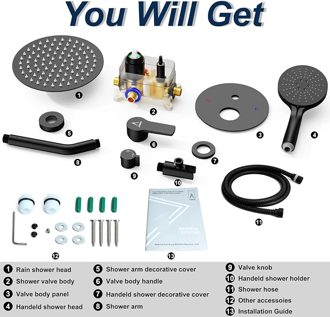 Shower Faucet Set 10IN Brass Rough-In Valve Body Trim Kit Rainfall Included - Image 7