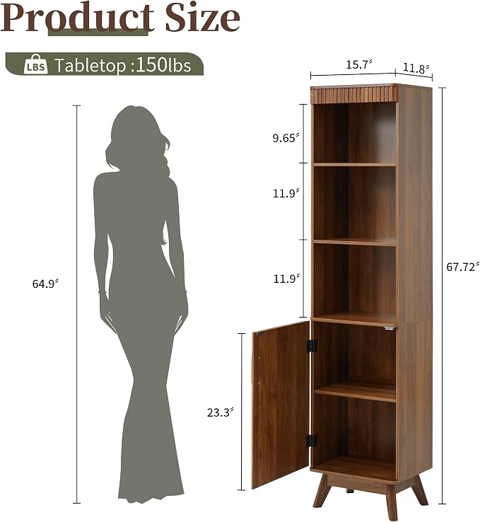 68" Tall Bathroom Storage Cabinet, Narrow Fluted Tower Cabinet - Image 3