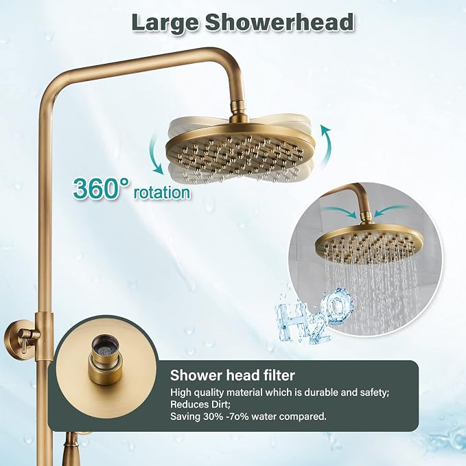 NeierThodore Antique Brass Bathroom Shower Faucet System Set 8 Inch Rainfall - Image 5