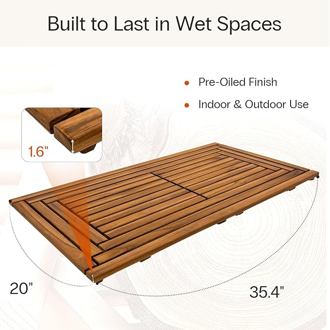 StrongTek Large Teak Bath Mat, 35.4" x 20" Solid Wood Shower Mat - Image 2