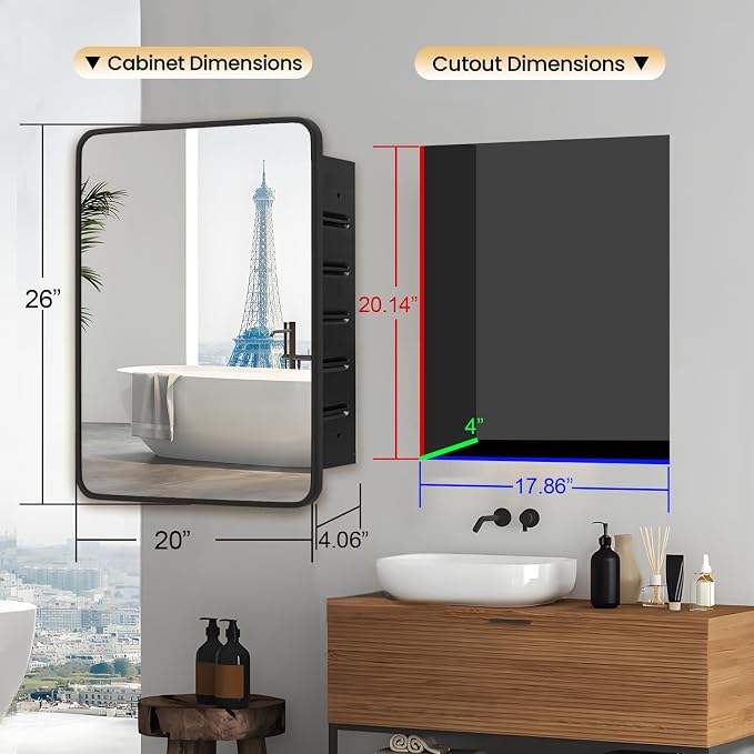 Black Medicine Cabinet 20x26 inch, Bathroom Mirror - Image 2