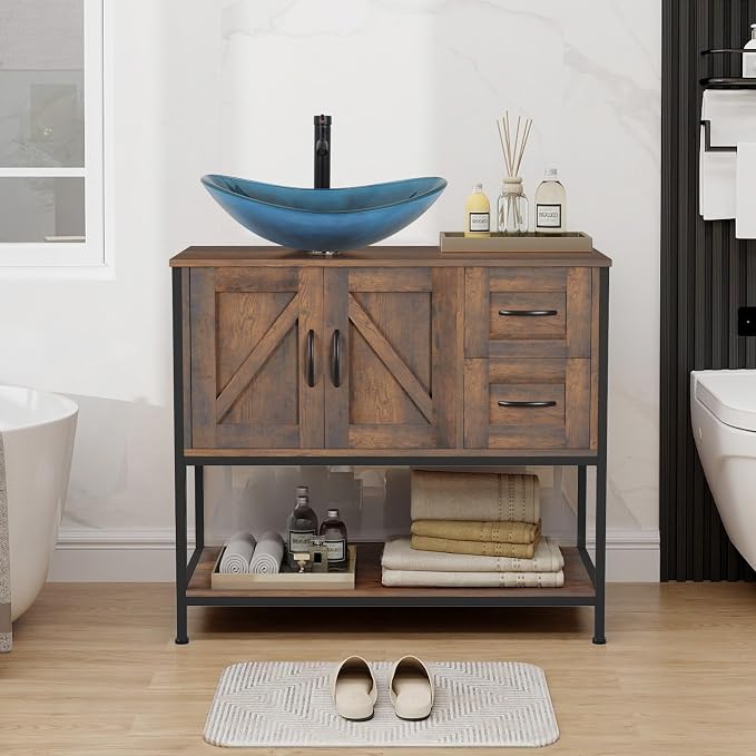 YOURLITE Bathroom Vanity, Dark Brown Modern Wood Washroom Cabinet - Image 2
