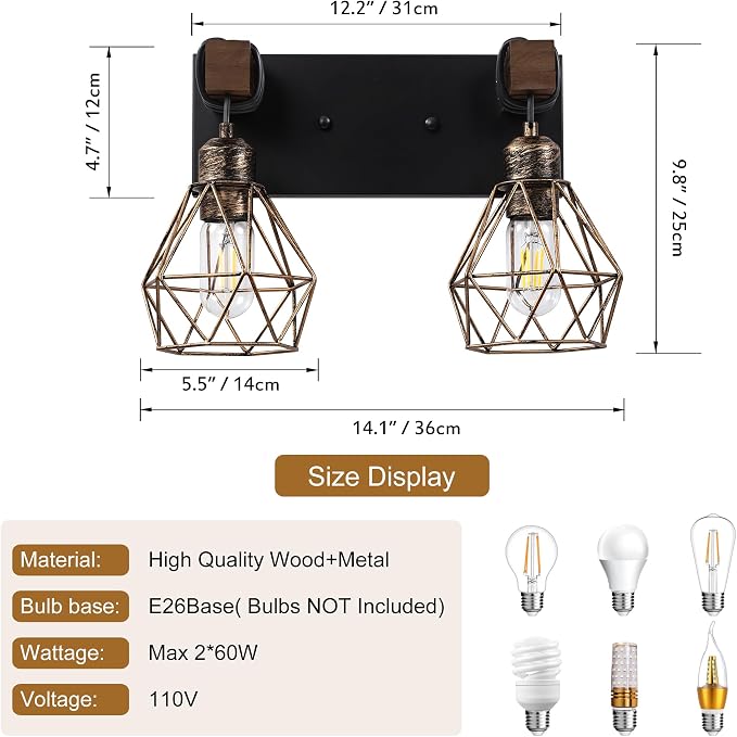 Farmhouse Vanity Light for Bathroom, 2-Light Black Gold Wood Bathroom Vanity - Image 4