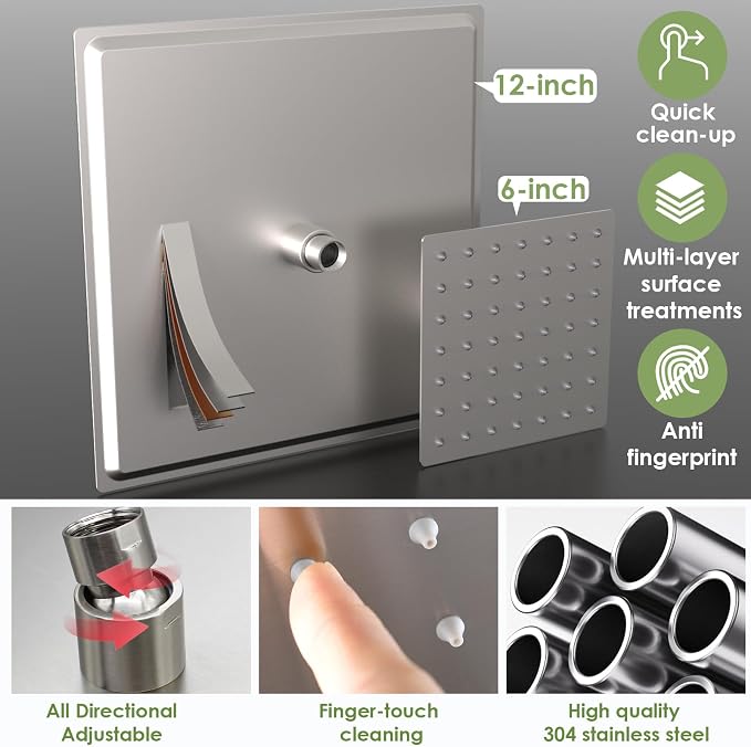 Enga Shower Systems with 4 Body Spray Jets, 4 Way 12+6" Rainfall Shower Head - Image 9