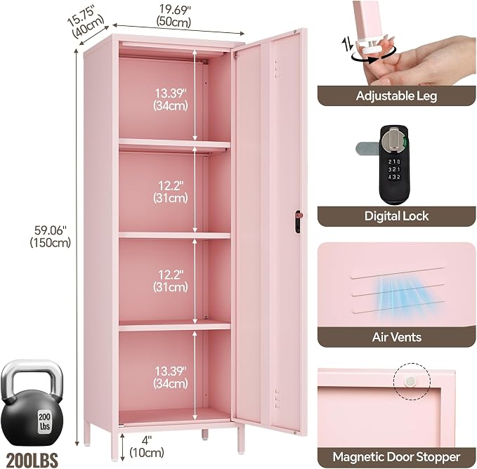 Locker Cabinet, 59.06" H Pink Metal Locker Storage Cabinet - Image 3