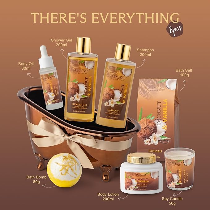 Spa Gift Basket for Women, Coconut & Vanilla Luxury Home Spa Kit, Birthday Gift - Image 2