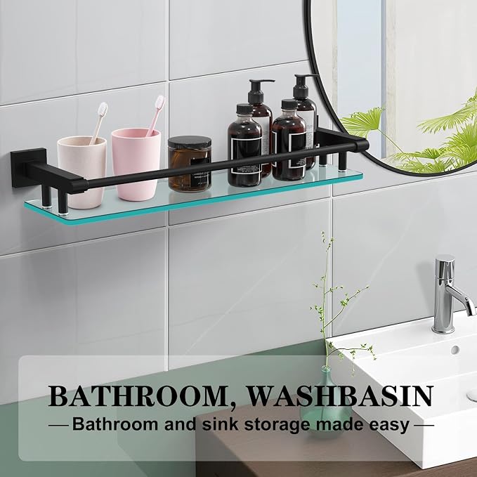 Bathroom Glass Shelf 20IN Rectangular Stainless Steel Tempered Glass Shelves - Image 4