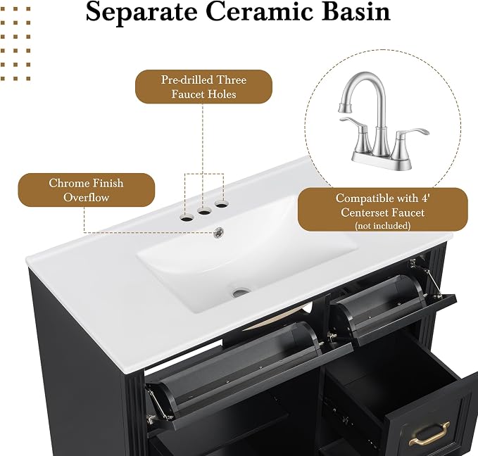 36 in Bathroom Vanity with Sink, Drawers and Flip-Out Drawers, Modern Solid - Image 7