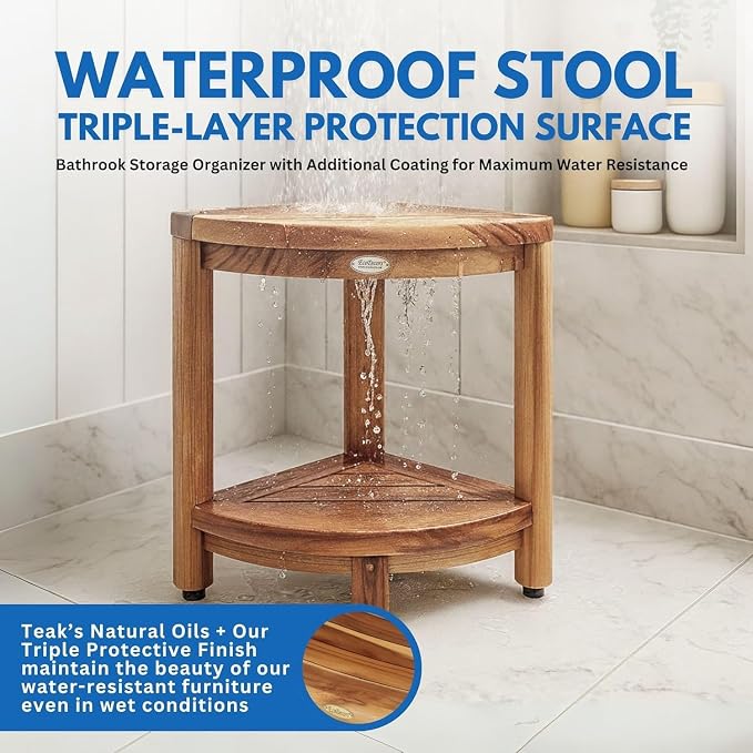 EcoDecors Fully Assembled SnazzyCorner® 18" Teak Shower Bench, Corner Shower - Image 4