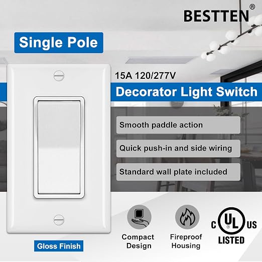 BESTTEN 10 Pack Single Pole Decorator Light Switch - Image 3