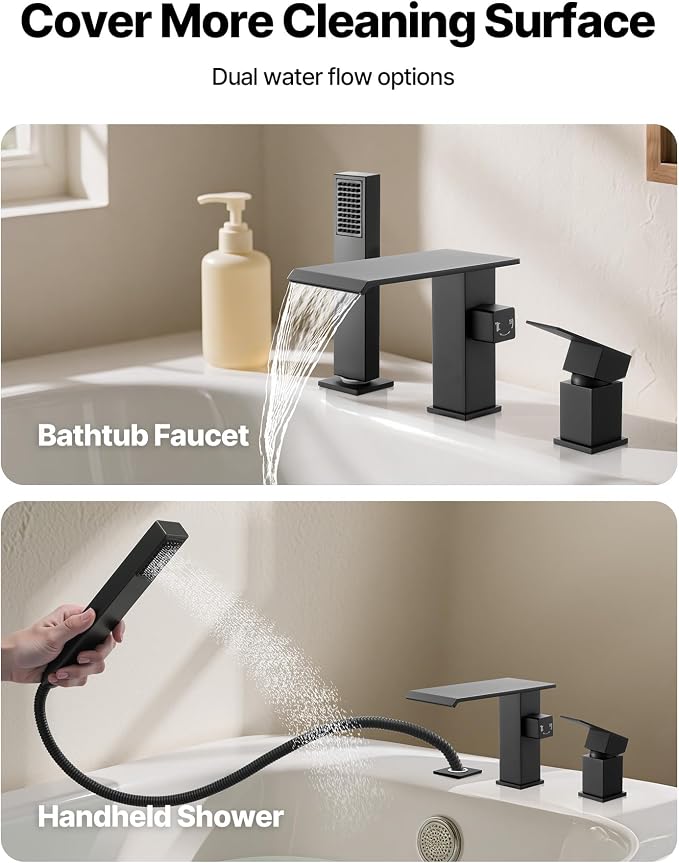 VEVOR Roman Tub Faucet, 3 Hole Waterfall Bathtub Faucet, Roman Bathtub Faucets - Image 6