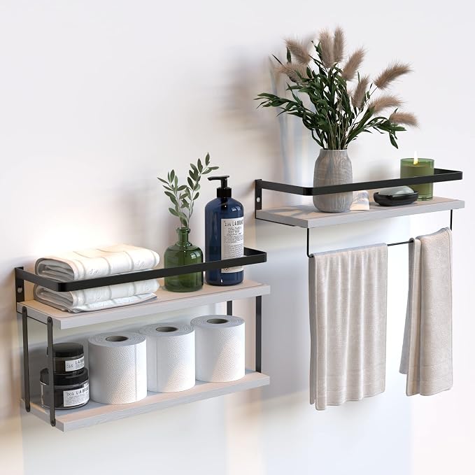 RICHER HOUSE 2+1 Tier Wall Mounted Floating Shelves Set of 2, Rustic Wood Wall by RicherHouse