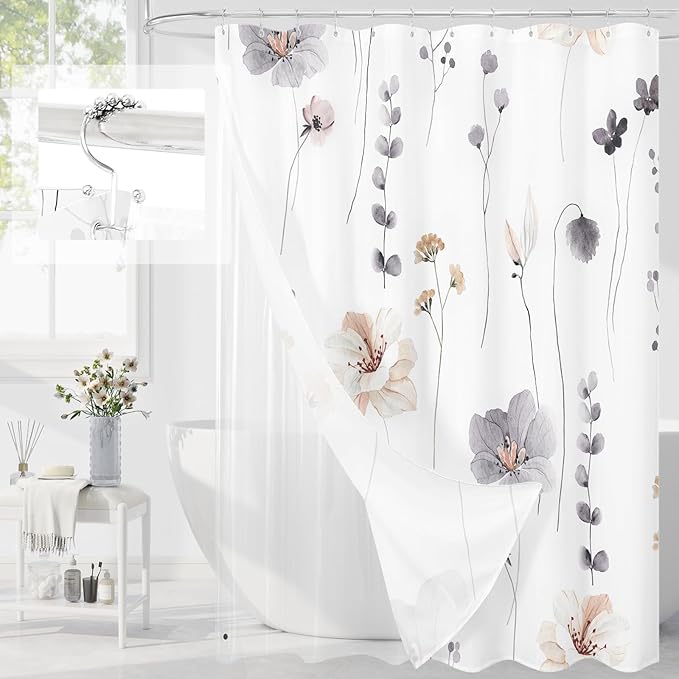 Gibelle 3 in 1 Shower Curtain Set, Charcoal Grey Watercolor Floral Bath Curtain by Gibelle