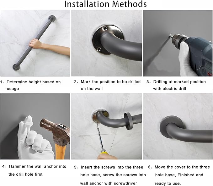 Shower Grab Bar, 2 Pack 12 Inch Gray Bathroom Grab Bar, 1.25" Diameter 304 - Image 5