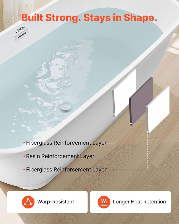 VEVOR Acrylic Freestanding Bathtub, 67 Inch Contemporary Soaking White Tub - Image 5