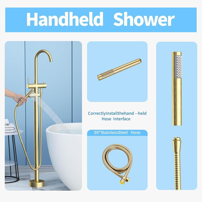 Freestanding Bathtub Faucet, Tub Filler Floor Mount Stand Bathtub Faucet Brass - Image 6