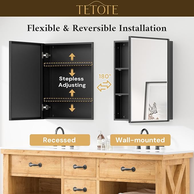 TETOTE 20" x 26" Recessed Medicine Cabinets Black Bathroom Storage - Image 9
