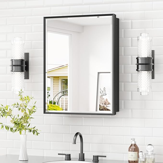 TETOTE 20" x 26" Recessed Medicine Cabinets Black Bathroom Storage by TETOTE