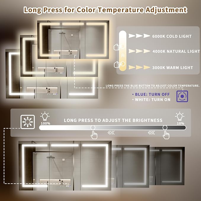 Lighted Medicine Cabinet with Mirror, Stepless Dimming & Defog, Wide Open - Image 9