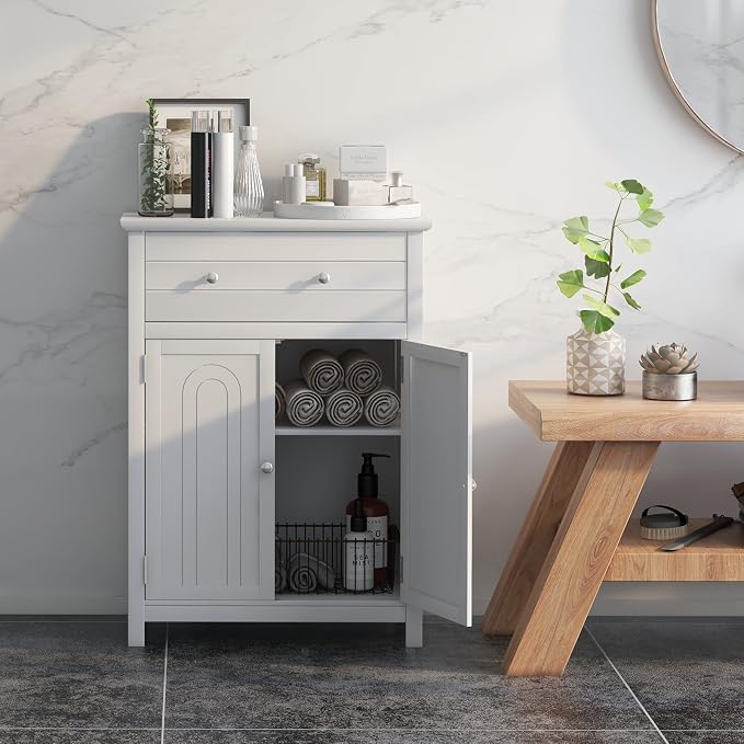 COSTWAY Bathroom Floor Cabinet, Wooden Side Storage Organizer w/Larger Drawer - Image 2