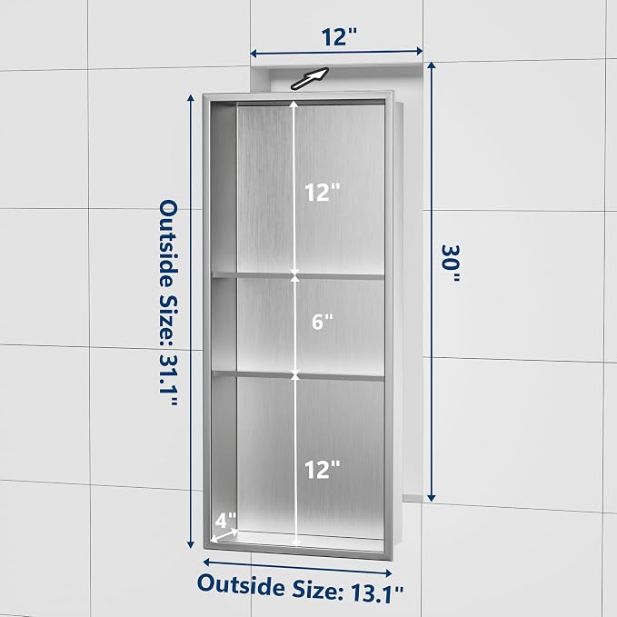 Neodrain 12X30 in Shower Niche, 3 Layers Brushed Wall Niche Stainless Steel - Image 3