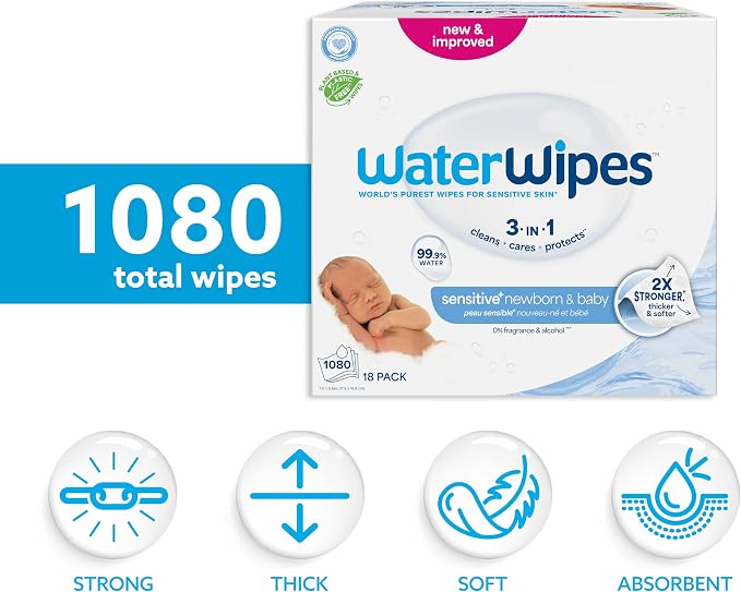 WaterWipes Sensitive+ Newborn & Baby Wipes, 3-In-1 Cleans, 99.9% Water - Image 2