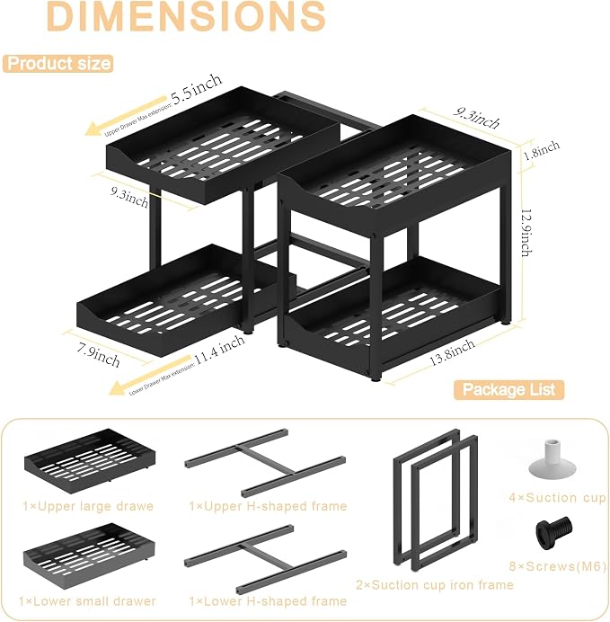 2-Tier Bathroom Organizers and Storage, Metal Under Sink Organizers, Pull Out - Image 2