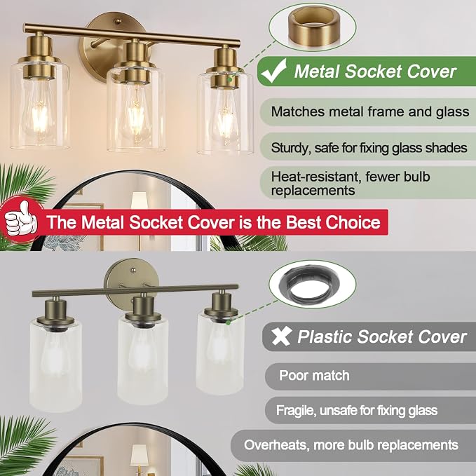 3-Light Bathroom Light Fixtures, Brushed Brass Bathroom Wall Lights - Image 6