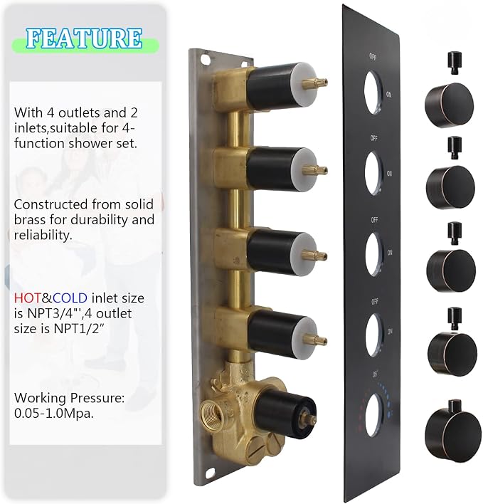 HOMEDEC Oil Rubbed Bronze Brass 4 Way Shower Valve and Trim Kit, Thermostatic - Image 4