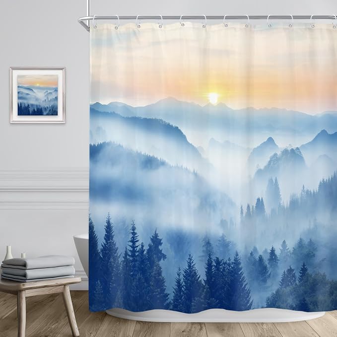 Riyidecor Misty Mountain Shower Curtain 60Wx72H Inch Blue Spring Scenery - Image 3