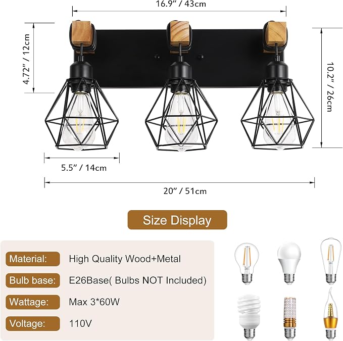 Farmhouse Vanity Light for Bathroom, 3-Light Wood Bathroom Vanity Light - Image 4