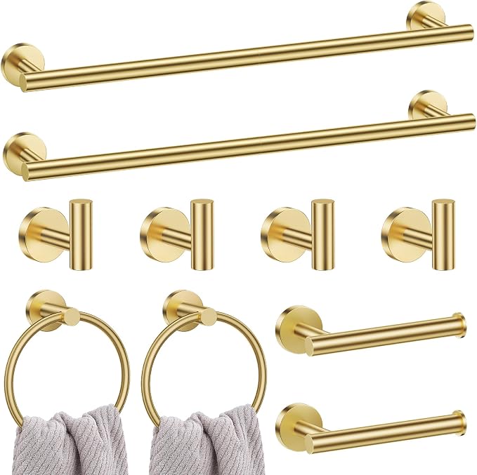 Lairuier Brushed Gold Bathroom Hardware Set, 10-Piece Towel Bar Set SUS304 by LairuierBathroomHardwareSet