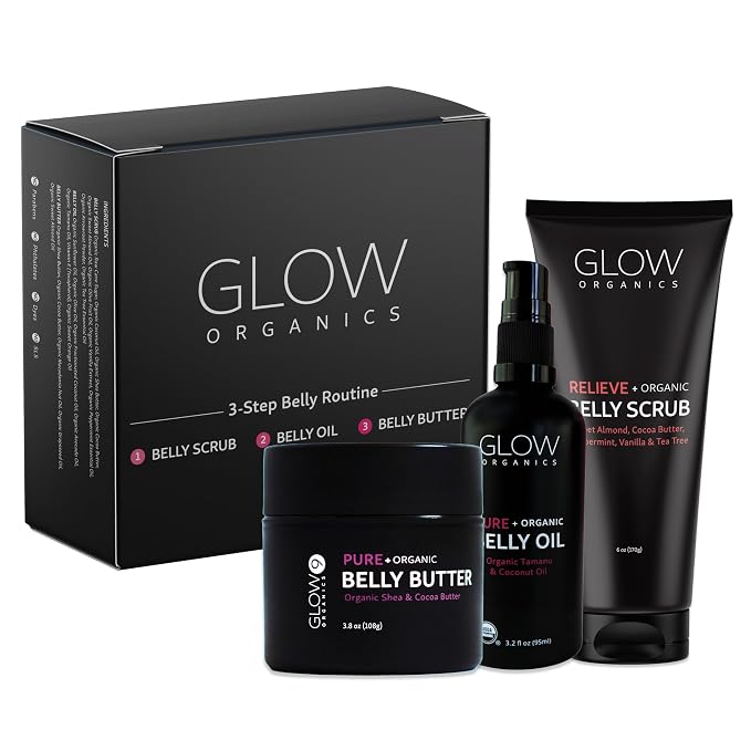Glow Organics Stretch Mark Cream Belly Butter, Scrub and Oil, 3-Step Pregnancy by Glow+Organics