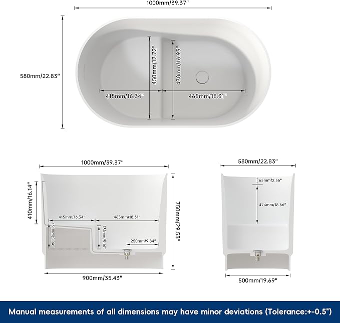 39" Stone Resin Janpanese Soaking Tub, Freestanding Deep Soaking Bathtub - Image 5