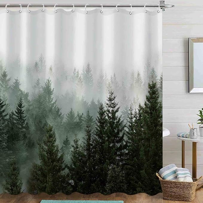 Aipon Green Misty Forest Shower Curtain Nature Tree Shower Curtain Set Dark - Image 3