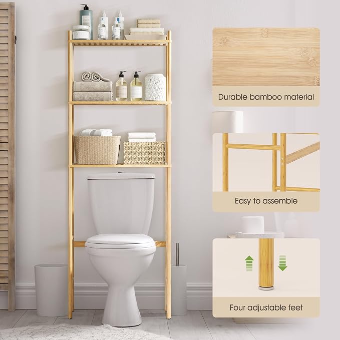 3 Tier Over The Toilet Organizer Rack Bamboo, Freestanding Bathroom Toilet - Image 5