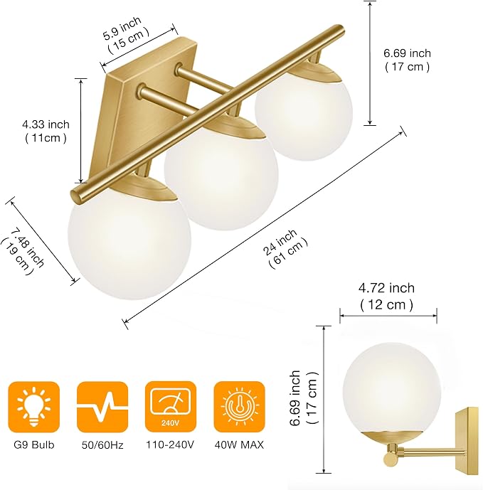 New Bathroom Vanity Light Fixtures 3 Lights Brushed Brass Glass Shade Modern - Image 4