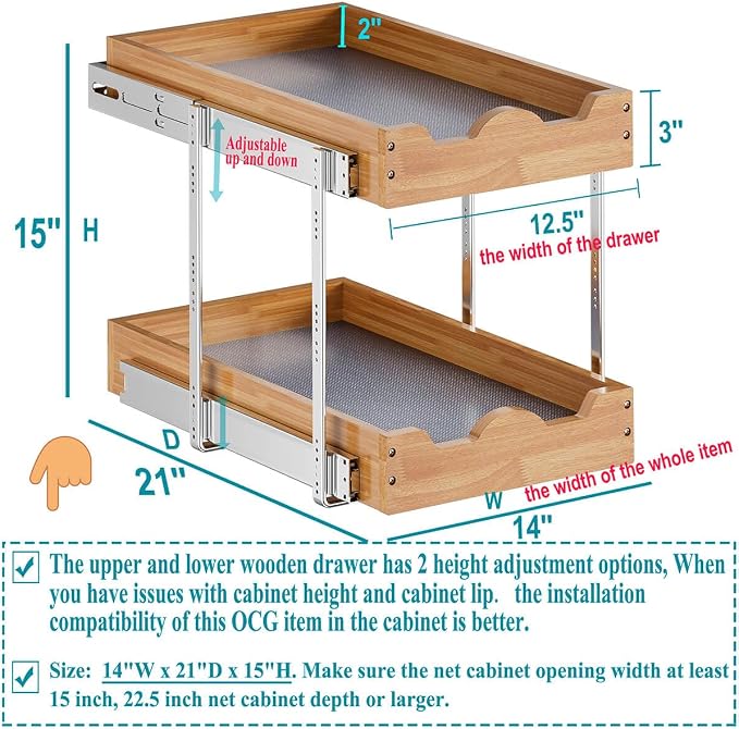 OCG Pull Out Drawers For Cabinets 14"W x 21"D, 2 Tier Heavy-Duty Slide out Wood - Image 3