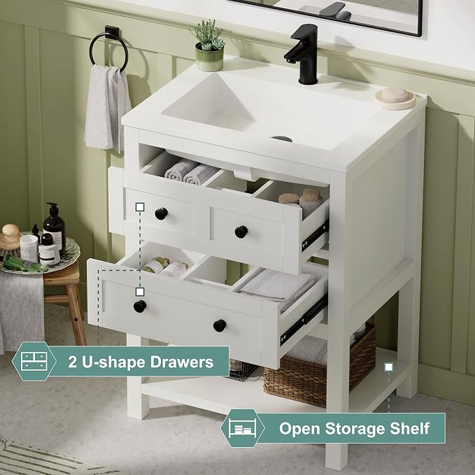 24 Inch Bathroom Vanity with Sink, Farmhouse Storage Cabinet with Drawers & - Image 4