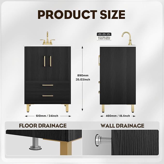 phiestina Fully Pre-Assembled Black 24 inch Bathroom Vanity, 2 Soft Close Doors - Image 3