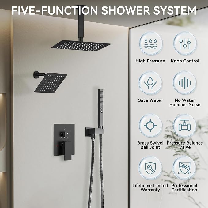Shower Systems Matte Black Shower Faucet Sets, Bostingner Five Function - Image 2